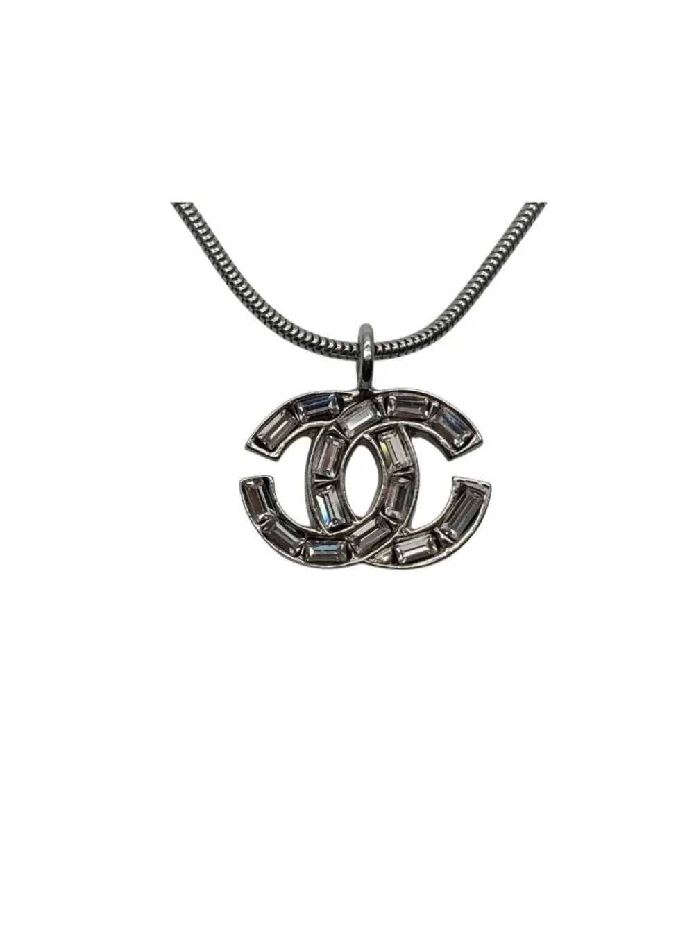 Chanel Rhinestone CC Logo Necklace 01 Silver